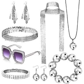 10 PCS 70S Disco Associory for Women Sequin Divel -Opergle Tennis Bracelet Ball Ball Necklace Compring Sun Glasses Set Disco Set