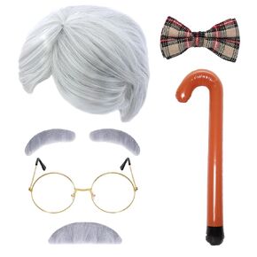 Old Man Wig Costume Kits Grandpa Accessories Cosplay Set 100th Day of School Glasses Inflatable Cane Moustache Eyebrow