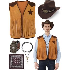 5 Pcs Cowboy Outfits for Men Western Cowboy Costume Vest Hat Necktie Buckle Belt Necklace for Halloween Cosplay