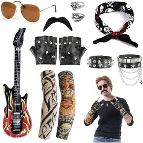 9 PCS Rocker Costume Men's Men's Costume Men Men Party Costume Men With Gunglasses Sleeves Gloves Ring Accarves for 70s 80s 90s Black