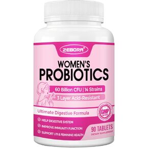 ZEBORA Probiotics for Women Digestive Health, Prebiotics and Probiotics with 60 Billion for Immune Support and Gut Health, Gluten & Soy Free, 90 Tablets