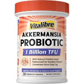 Akkermansia Muciniphila Probiotic 1 Billion TFU, w/Natural Prebiotic Inulin, Naturally Increases GLP-1, Healthy Digestion & Metabolism, Probiotic Supplement for Women & Men, 30 Capsules