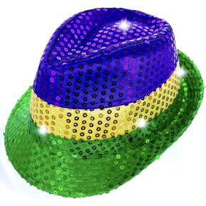 GiftExpress Adult LED Light-UP Mardi Gras Fedora, Mardi Gras Costumes Accessory, Hollywood Style Mardi Gras Sequin Hat, Dress-Up Costume Accessory Vivid Solid Color