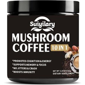 Mushroom Coffee, 10 in 1 Mushroom Blend- Lion's Mane, Reishi, Chaga, Cordyceps, Turkey Tail, Brain Supplements with Instant Coffee Powder for Energy, Focus, Memory and Immunity, 150g 30 Serving