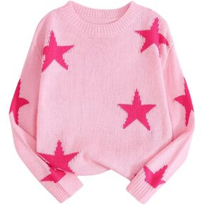 Girl's Star Print Graphic Sweater Crewneck Long Sleeve Drop Shoulder Knitwear