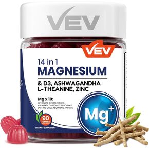 VEV Magnesium Glycinate & Citrate Gummies – Ashwagandha Gummies with D3 & Zinc – Cortisol Supplements for Women – Sugar-Free Vegan Magnesium Complex Gummies – 90 Count