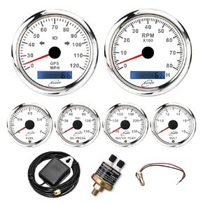 6 مقياس الأدوات البحرية مجموعة 7 لون مؤشر أبيض ضوء 3-3/8 "عداد السرعة GPS 120 ميلا في الساعة عداد المقياس عداد المقياس 8000 دورة في الدقيقة 2-1/16"