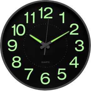 Night Light Wall Clock 12 Inch Non-Ticking Silent Luminous Decor Clock Black Round Glow in The Dark Battery Operated Wall Clocks for Home/Garage/Office/Living Room/Bedroom/Kitchen