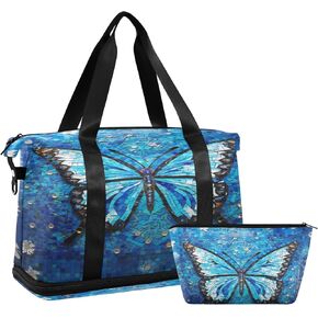 Blue Dream Butterfly Travel Duffel Bag Waterproof Gym Sport Tote Bag Carry On Weekender Bag with Compartment