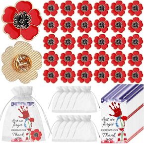 30 Sets Memorial Day Poppy Flower Lapel Pins Thank You Card Organza Bag Patriotic Fallen Soldiers Red Flowers Enamel Brooch Pin for Veterans day Remembrance Day Party Favor Souvenirs