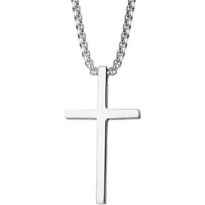 Men's Silver Stainless Steel Cross Pendant Necklace - 23 Inch Box Chain, HypoallergenicGift for Him ﻿