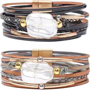 2pcs Leather Bracelets for Women Men,Boho Multi-layer Wrap Pearl Cuff Bracelets Stackable Fashion Jewelry