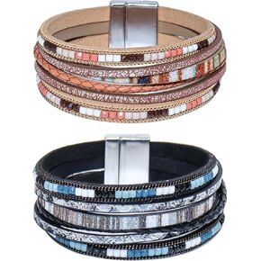 Bracelets for Women, 2Pcs Leather Wrap Layer Bracelets Boho Rustic Multi-Layer Braided Bracelet Stack Bracelet for Women
