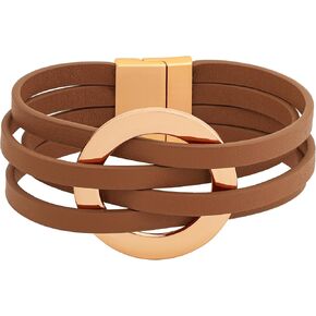 MINACHI Leather Wrap Bracelet for Women, Multi-layer Cross Leather Cuff, Brown Tone