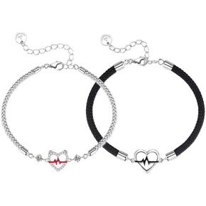 Couples Bracelets, 2 Pcs Matching BF And GF Rhinestone Heartbeat Charm Bracelet Silver Black Permanent Love Wrap Copper Bracelets Set For His And Hers Jewelry Gift