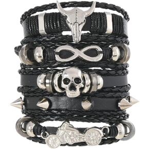 Leather Bracelet for Men Women 5 Pcs Gothic Punk Skull Star Metal Braided Cuff Bracelets Medieval Warp Adjustable Size (7" to 11") Grunge Rock Bangles Arm Jewelry Comfort Multilayer Wristband