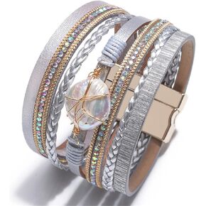 Multilayer Bohemian PU Leather Wrap Bracelet Bangle Evil Eye Infinity Crystal Rhinestone Bead Heart Wristband Bracelet for Women Men Boho Cuff Jewelry Gift-L gray