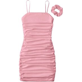 SOLY HUX Girl's Summer Spaghetti Strap Ruched Sleeveless Short Bodycon Dress with Hair Scrunchies