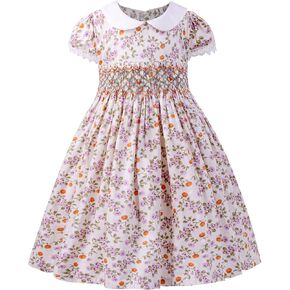Girls Smocked Blue Dress Toddler Floral Summer Dress Vintage Dresses Kindergarten Graduation Dress