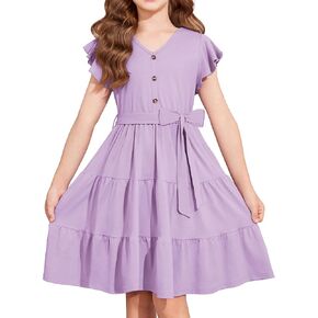 Arshiner Girls Dress Short Sleeve Summer V Neck Button Removable Belt Dresses with Pockets 5-12 Y