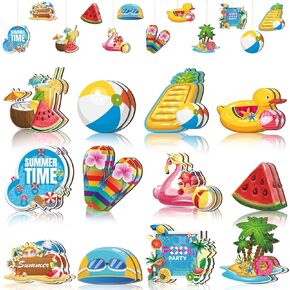 Sintuff 36 Pieces Summer Wooden Hanging Ornaments for Tree Summer Decorations Hawaiian Beach Wood Pendant Decor Watermelon Flamingo Decorations for Luau Seaside Party Supplies