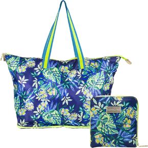 Lilly Pulitzer Large Packable Tote, Reusable Grocery Bag that Packs Into Itself, Tote with Shoulder Strap and Zipper, The Hottest Spot (Navy)