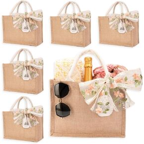 6 pcs Jute Bags Set,2025 Beach Tote Bag,Jute Tote Bags with Handle,Burlap Reusable Canvas Gift Favors Bag