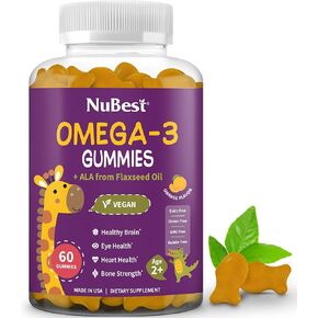 NuBest Omega 3 Gummies for Kids & Teens with Flaxseed Oil | Supports Brain Growth, Mental Clarity, Focus, and Eye Health | No Added Sugar | Delicious Orange Flavor | 60 Premium Vegan Gummies