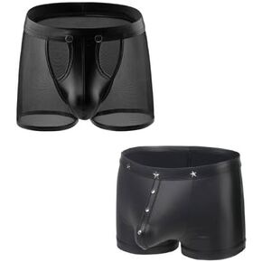 comeondear Men's Faux Leather Boxer Shorts with Punk Rivet and Men Sexy Unederwear Shorts Pants with Removable Pouch