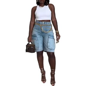 Women's Denim Shorts Trendy Casual High Waist Straight Leg Cargo Jean Shorts with Pockets