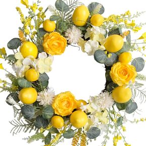 18 Inch Summer Yellow Lemon Roses Wreath for Front Door, Eucalyptus Leaves with Hydrangea Forsythia Flowers Wreath for Indoor and Outdoor, Rustic Farmhouse Door for Home Decor