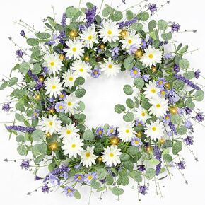 24 Inch Lavender Spring Wreaths for Front Door with Lights Timer, Handmade Floral Wreath with Lavender, Daisy & Eucalyptus on Grapevine Wreath Base, Perfect for Farmhouse Outdoor Wall Home Decor