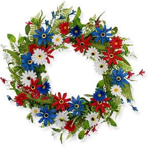 J'FLORU 4th of July Wreath 22 Inch Independence Day Wreath Red White Blue Patriotic Wreaths for Front Door with Red White Blue Daisies for July Fourth Memorial Day Flay Day Decor