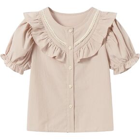 Mud Kingdom Girls Shirts Short Sleeve Ruffle Collar Lace Trim Elastic Cuffs Cotton Summer