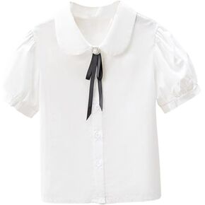 ZUYPSK Kids Girls Short Puff Sleeves School Uniform Shirts Button Down Cotton Oxford Blouse Loose Casual Classic Tunic Tops