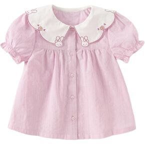 DAVE&BELLA Girls Button Down Shirt with Doll Collar Summer Crop Tops Ruffle Short Sleeve Shirt Blouse with Rabbit Embroidery