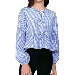 MakeMeChic Girl's Gingham Print Bow Knot Long Sleeve Round Neck Shirts Blouse Tops