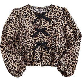 MakeMeChic Girl's Leopard Print Bow Blouse Crew Neck Ruffle Hem Long Sleeve Shirt Top