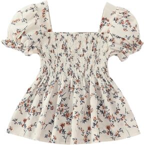 WDIRARA Girl's Floral Print Square Neck Puff Short Sleeve Ruffle Hem Blouse Boho Shirred Peplum Top
