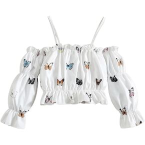 WDIRARA Toddler Girl's Butterfly Print Cold Shoulder Blouse Long Sleeve Ruffle Top