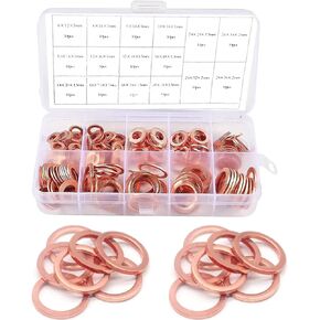 200 PCS Car Crush Washers Kit, 9 Sizes Copper Metric Washers Flat Ring Copper Washers Assortment, Oil Drain Plug Copper Sealing Washers Gasket, Universal for Most Cars (Gold)