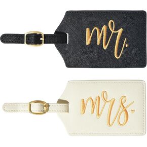 CHOIEO Mr & Mrs Luggage Tags - Bridal Shower & Honeymoon Gifts, PU Leather Travel Tags with Name ID Address Card (Black & Gold+White Gold)
