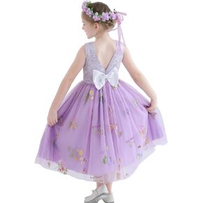 Flower Girl Dress for Wedding Toddler Tulle Embroidered Lace V-Back Formal Birthday Party Dresses with Headband
