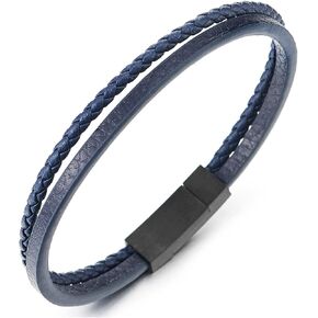 COOLSTEELANDBEYOND Navy Blue Leather Bracelet for Mens Womens, Thin Two-strand Braided Leather Wristband