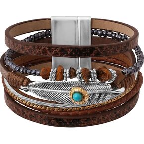 MINACHI Retro Multi-layer Leather and Bead Bracelets, Created Turquoise Leaf Charm, Bohemian Jewelry for Women