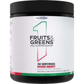 Rule 1 Fruits & Greens Powder - 40+ Active Ingredients Including 4g Fruit & Vegetable Concentrates + 2g Prebiotic Fiber for Daily Wellness (30 Servings, Mixed Berry)