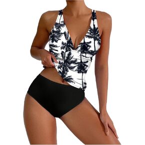 GORGLITTER Women's Boho Swimsuit Tropical Tankini Sets Spaghetti Strap High Waisted Bathing Suit 2025