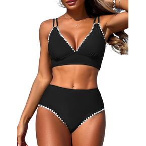 ZAFUL Women's Bikini Sets V Neck Push Up Shell Stitch Two Piece Swimsuits Color Block High Waisted Bikini Cute Bathing Suits