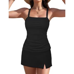 Women's Two Piece Tankini Sets Vintage Tummy Control Swimsuit Trendy Side Split Bathing Suit Push up Swimdress