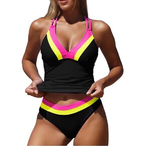 ZAFUL Tankini Swimsuits for Women Tummy Control Halter Neck Mid Waist Ruched Color Block Two Piece Bathing Suits Swimwear